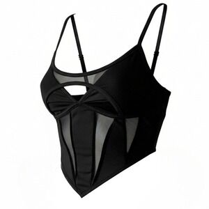 New Small Black Sexy Mesh Corset Cutout Bustier Triangle Cut Adjustable Tank Top